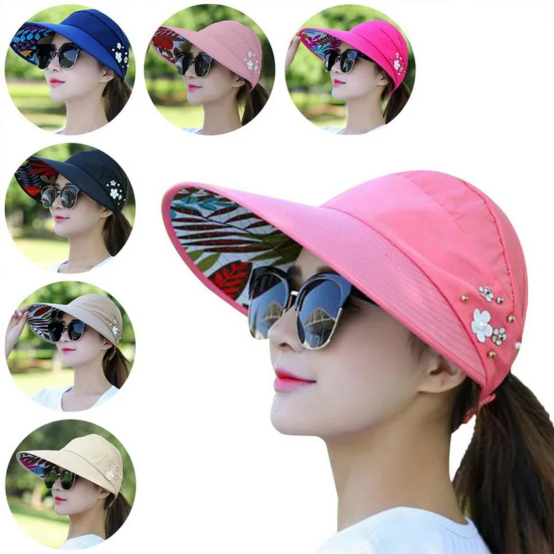 Дамска елегантна шапка от слънцето с широка периферия и цветисти принтом, пътни плажни ежедневни летни шапки, шапки с конска опашка, спортни шапки на улицата Изображение 0