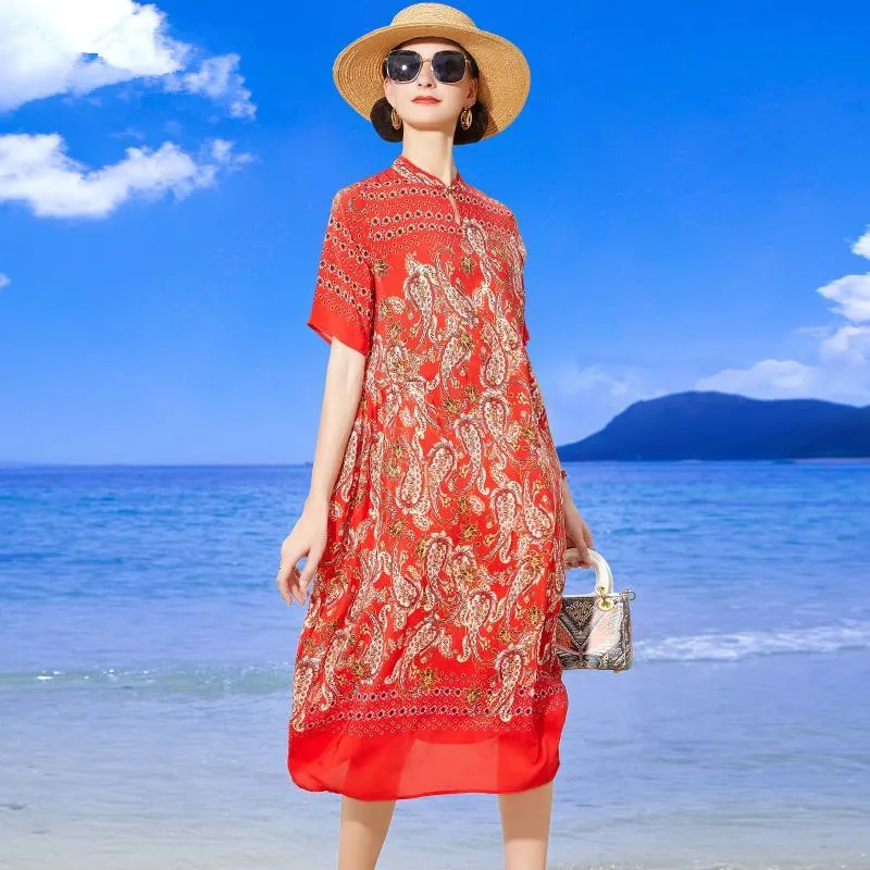 Лято, пролет, винтажное рокля размер плюс 5XL, женствена рокля миди от червена коприна тутового цвят с принтом в китайски стил, елегантно дебнещ рокля за партита Изображение 1
