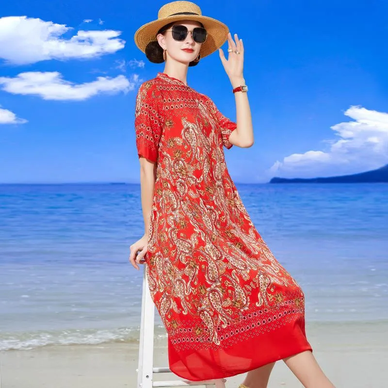 Лято, пролет, винтажное рокля размер плюс 5XL, женствена рокля миди от червена коприна тутового цвят с принтом в китайски стил, елегантно дебнещ рокля за партита Изображение 2