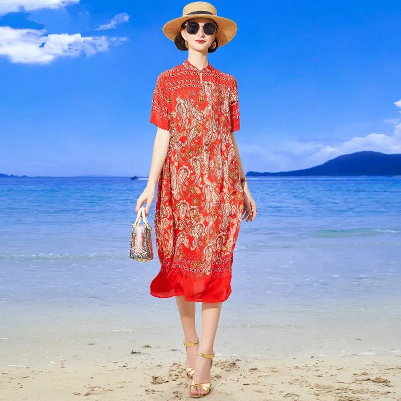 Лято, пролет, винтажное рокля размер плюс 5XL, женствена рокля миди от червена коприна тутового цвят с принтом в китайски стил, елегантно дебнещ рокля за партита Изображение 3