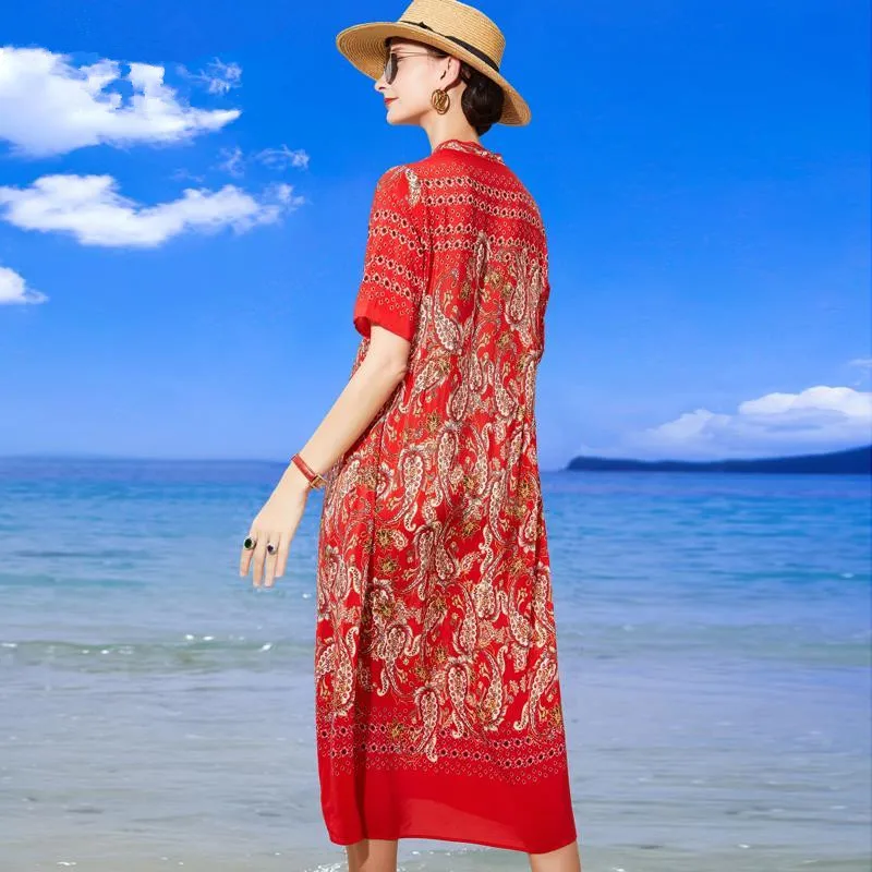 Лято, пролет, винтажное рокля размер плюс 5XL, женствена рокля миди от червена коприна тутового цвят с принтом в китайски стил, елегантно дебнещ рокля за партита Изображение 4