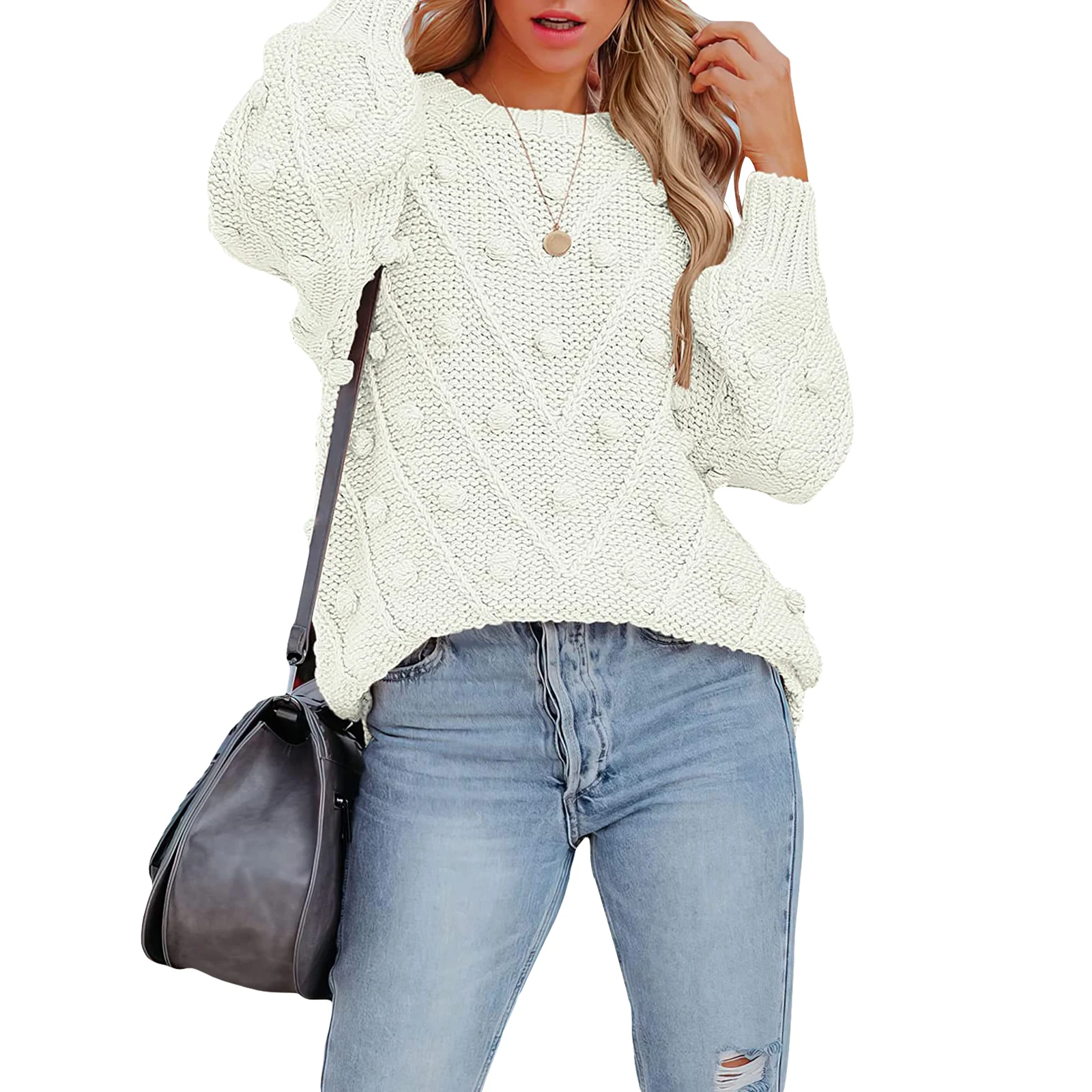 Жена топло вязаный пуловер, модерен обикновен пуловер с кръгло деколте и дълъг ръкав, блузи с топки, всекидневни трикотаж за есен-зима Изображение 0