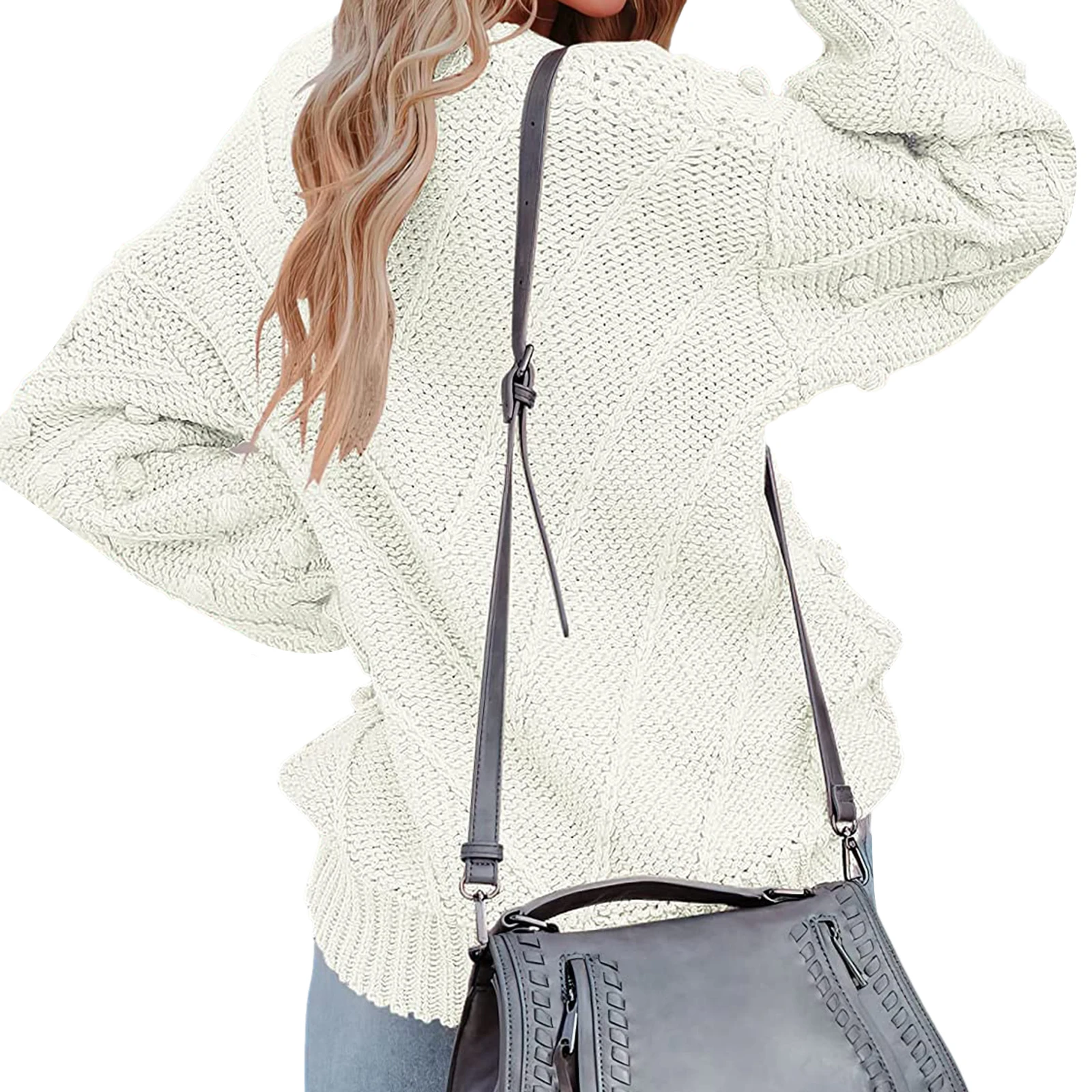 Жена топло вязаный пуловер, модерен обикновен пуловер с кръгло деколте и дълъг ръкав, блузи с топки, всекидневни трикотаж за есен-зима Изображение 1