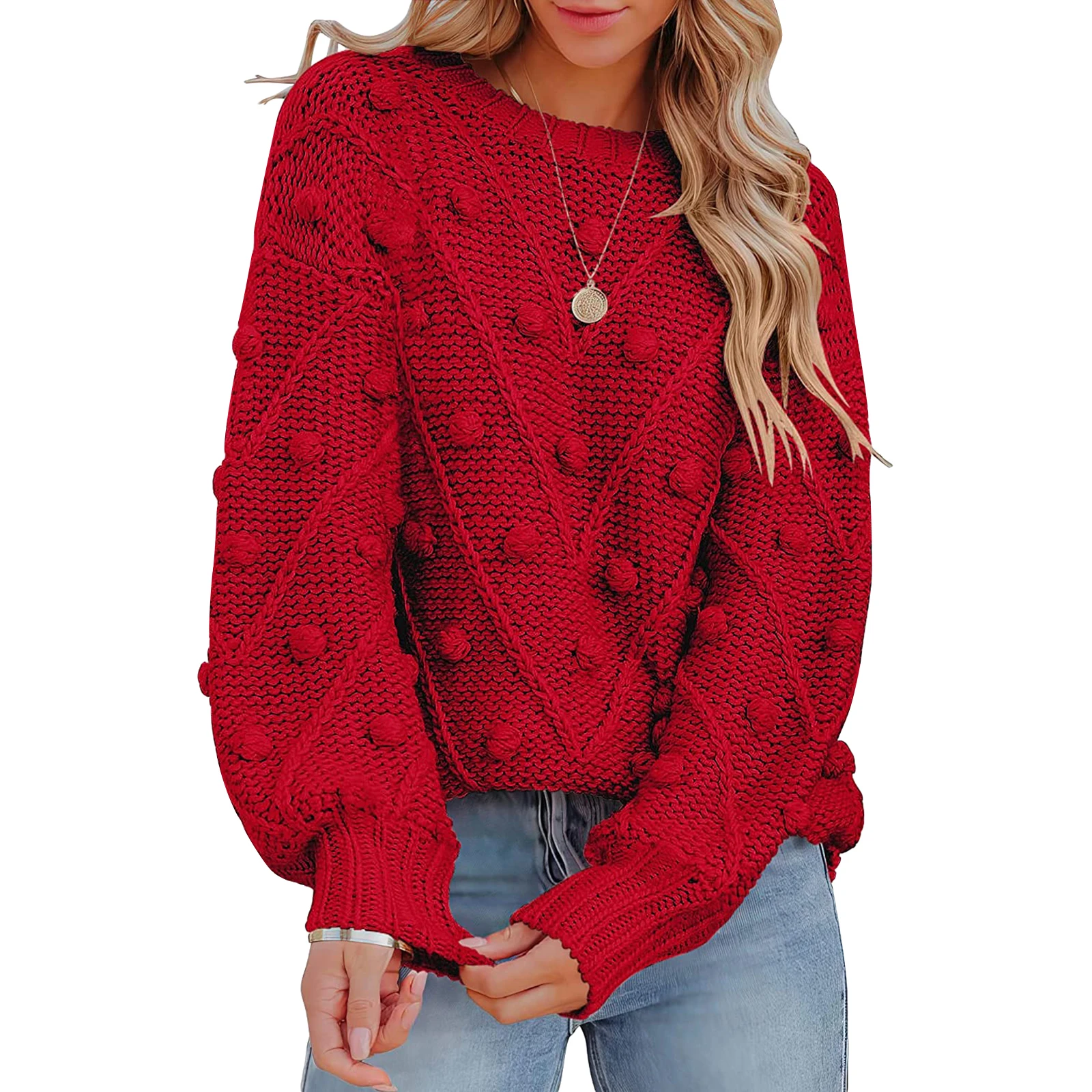 Жена топло вязаный пуловер, модерен обикновен пуловер с кръгло деколте и дълъг ръкав, блузи с топки, всекидневни трикотаж за есен-зима Изображение 2