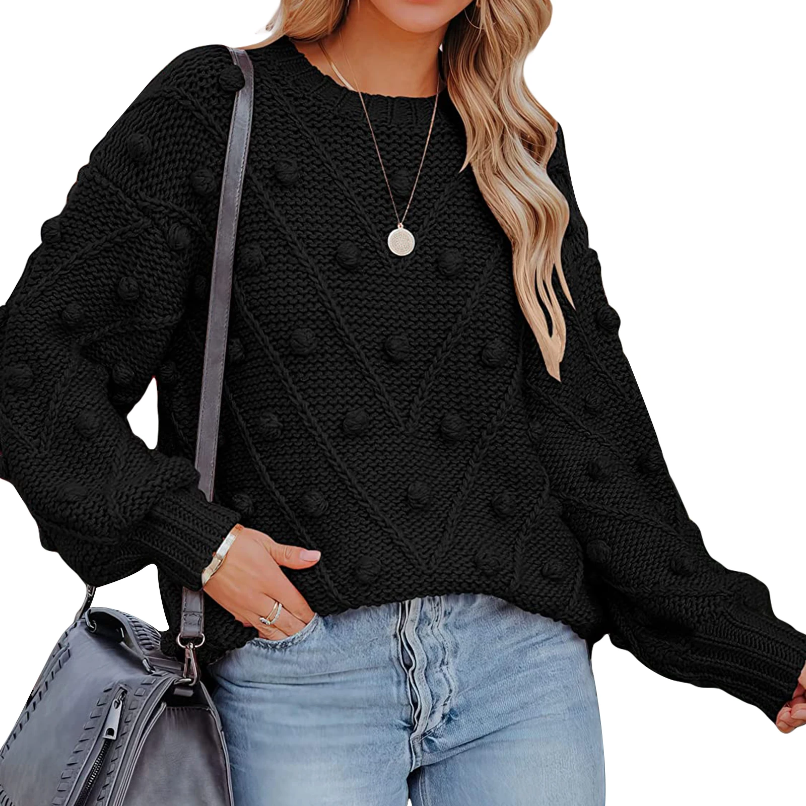 Жена топло вязаный пуловер, модерен обикновен пуловер с кръгло деколте и дълъг ръкав, блузи с топки, всекидневни трикотаж за есен-зима Изображение 3