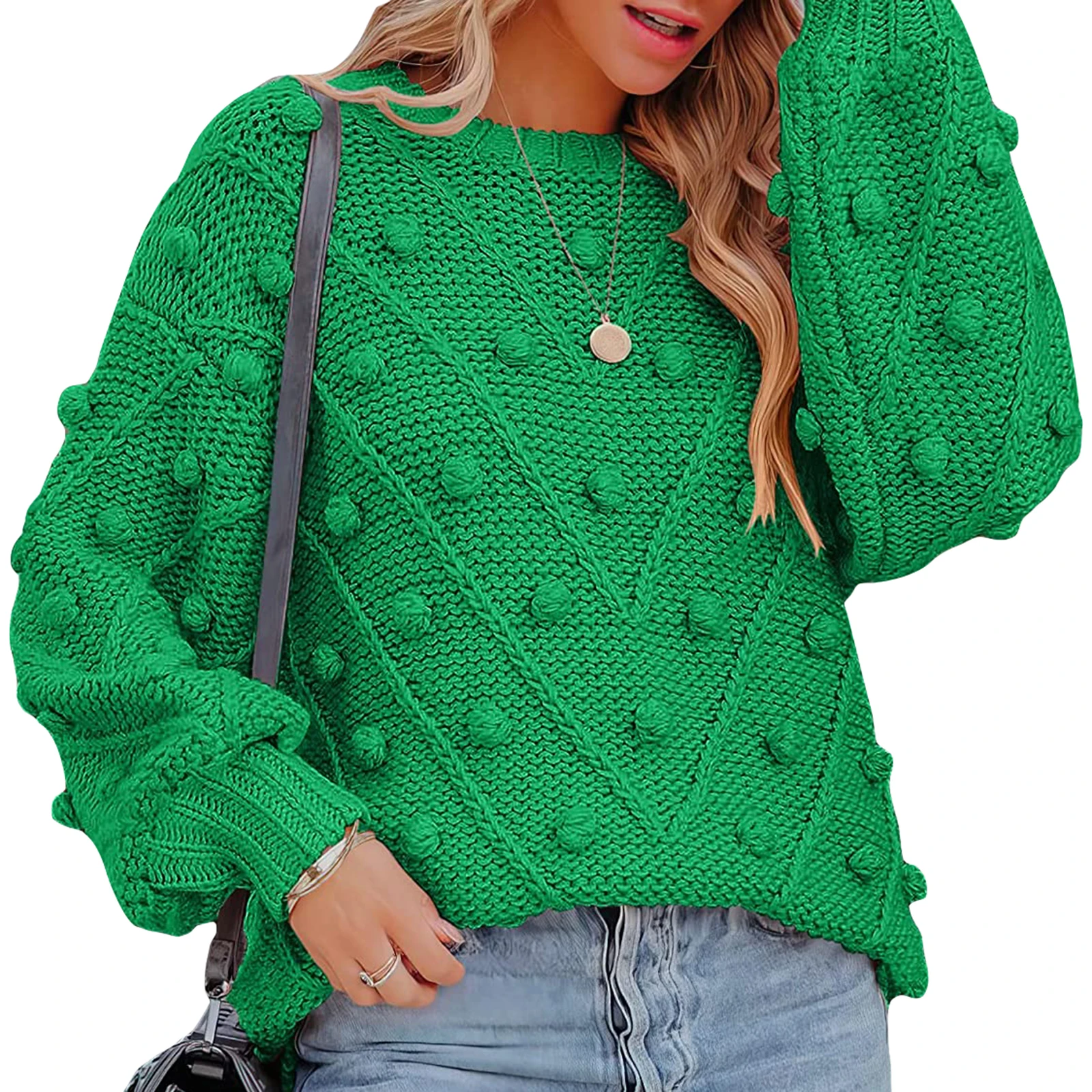 Жена топло вязаный пуловер, модерен обикновен пуловер с кръгло деколте и дълъг ръкав, блузи с топки, всекидневни трикотаж за есен-зима Изображение 5