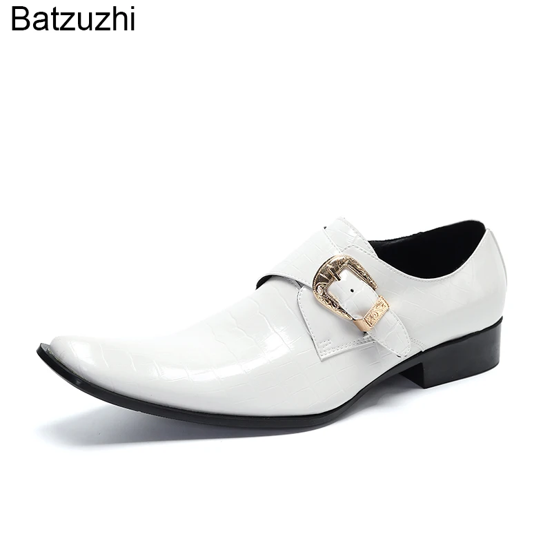 Мъжки обувки Batzuzhi в японски стил, бели кожени модела обувки с квадратни пръсти, мъжки обувки с катарама и каишка, бял вечерни и булчински обувки, мъжки Изображение 1