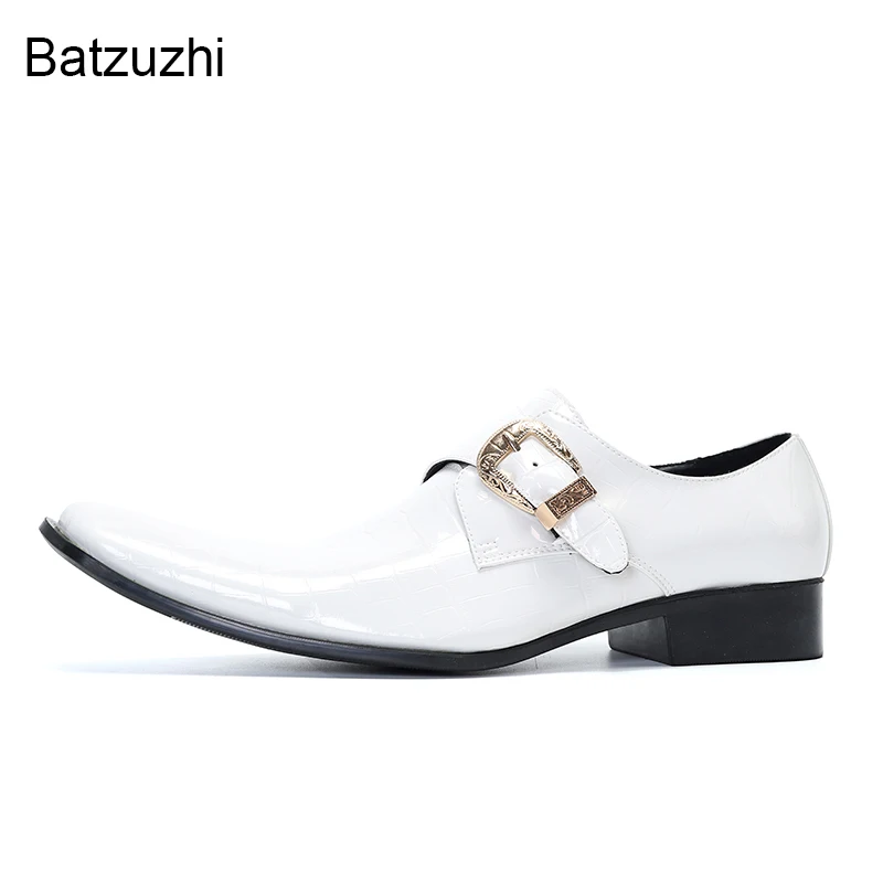 Мъжки обувки Batzuzhi в японски стил, бели кожени модела обувки с квадратни пръсти, мъжки обувки с катарама и каишка, бял вечерни и булчински обувки, мъжки Изображение 2