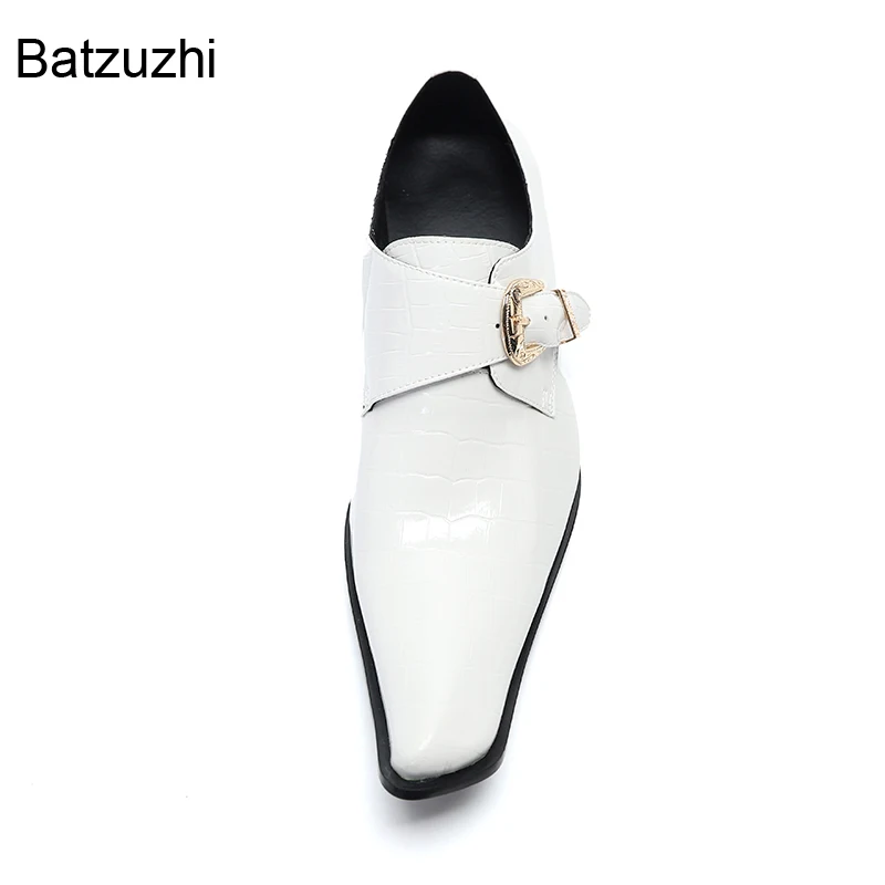 Мъжки обувки Batzuzhi в японски стил, бели кожени модела обувки с квадратни пръсти, мъжки обувки с катарама и каишка, бял вечерни и булчински обувки, мъжки Изображение 3