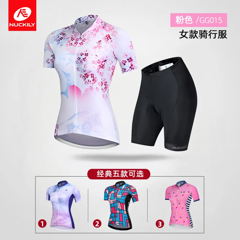 Комплекти от джърси за велоспорта, женски велосипедни шорти с порести възглавница с висока плътност, лятото дишащи, със защита от ултравиолетови лъчи, къс ръкав Изображение 1