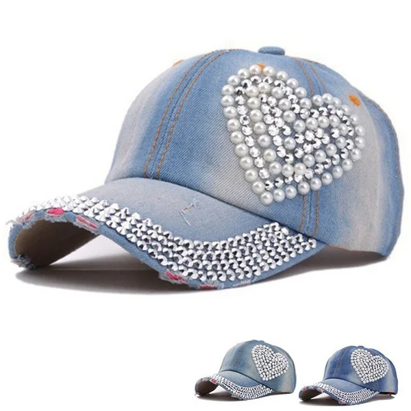 Модерен дамски дънкови бейзболна шапка с диаманти във формата на сърце, шапки в стил хип-хоп, спортна шапка за улицата, слънчеви шапки, бейзболни шапки Изображение 0