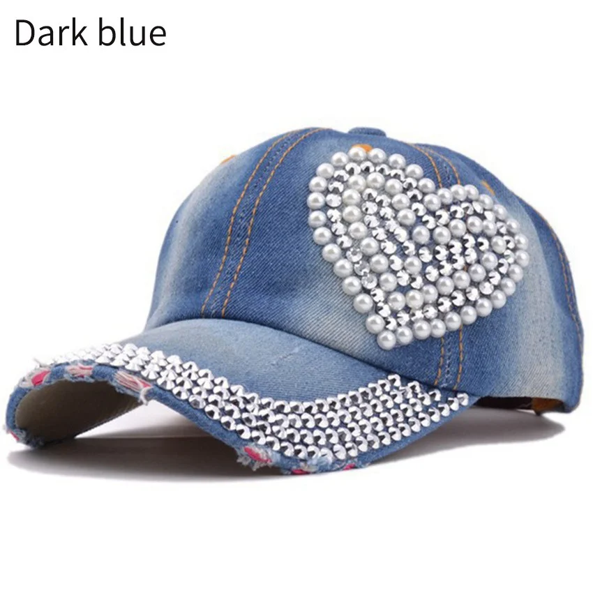 Модерен дамски дънкови бейзболна шапка с диаманти във формата на сърце, шапки в стил хип-хоп, спортна шапка за улицата, слънчеви шапки, бейзболни шапки Изображение 1