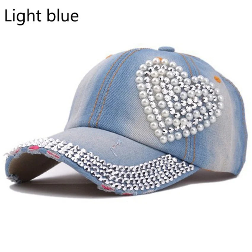 Модерен дамски дънкови бейзболна шапка с диаманти във формата на сърце, шапки в стил хип-хоп, спортна шапка за улицата, слънчеви шапки, бейзболни шапки Изображение 2