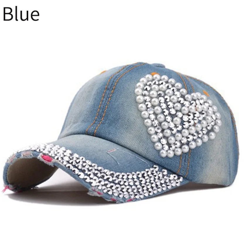 Модерен дамски дънкови бейзболна шапка с диаманти във формата на сърце, шапки в стил хип-хоп, спортна шапка за улицата, слънчеви шапки, бейзболни шапки Изображение 3