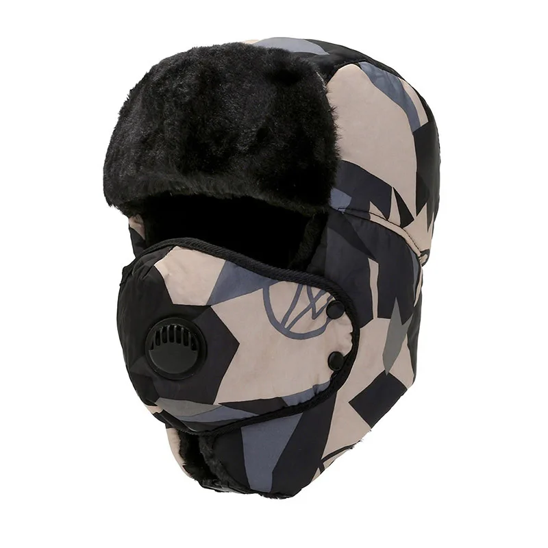 Зимна камуфляжная капачка на бомбардировач, утепленная топла ушанка, ловно мъжка шапка с шнорхел, ушния клапан, ветрозащитная кадифе дамски велосипедна шапка Изображение 1