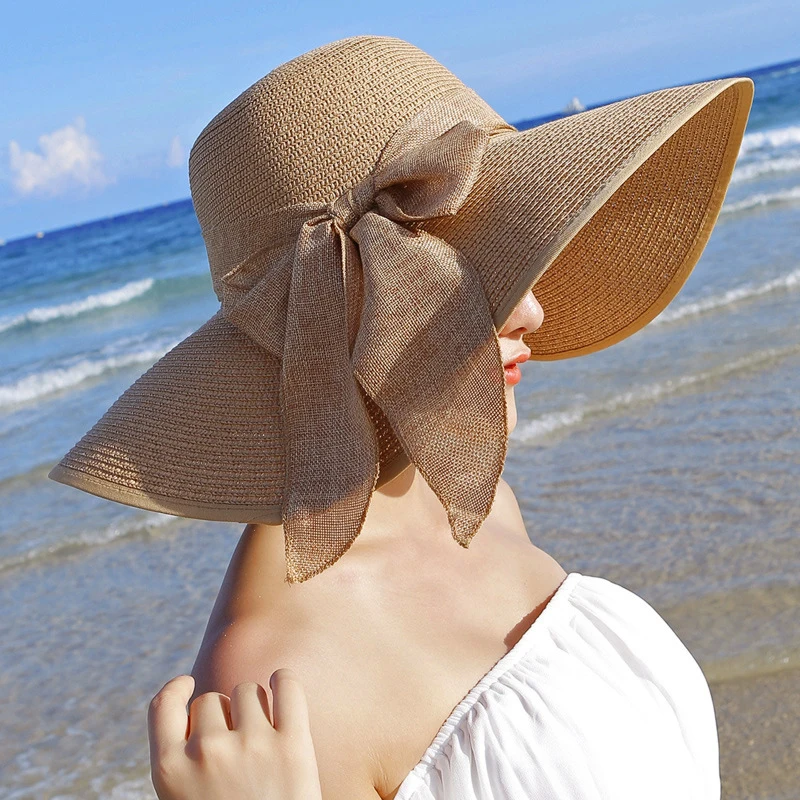 Плажни сламени шапки с широка периферия за жените, лесно сгъваема лятна солнцезащитная шапка за пикник, модни панама с плосък бромным лък, UV-защита Изображение 0