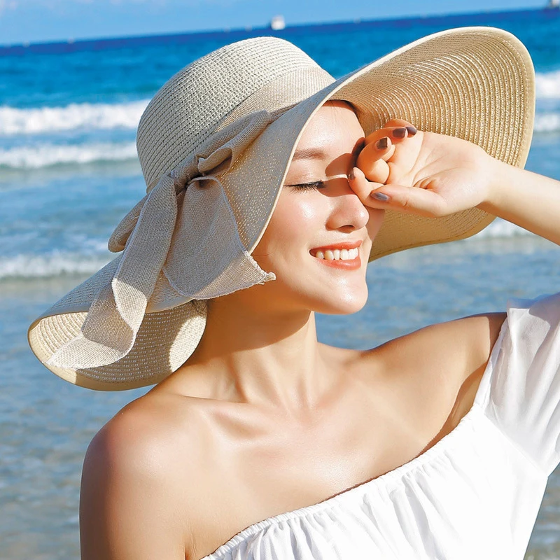 Плажни сламени шапки с широка периферия за жените, лесно сгъваема лятна солнцезащитная шапка за пикник, модни панама с плосък бромным лък, UV-защита Изображение 1