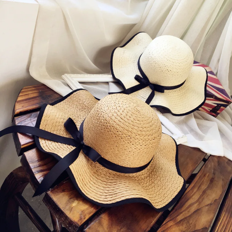 Плажни сламени шапки с широка периферия за жените, лесно сгъваема лятна солнцезащитная шапка за пикник, модни панама с плосък бромным лък, UV-защита Изображение 3