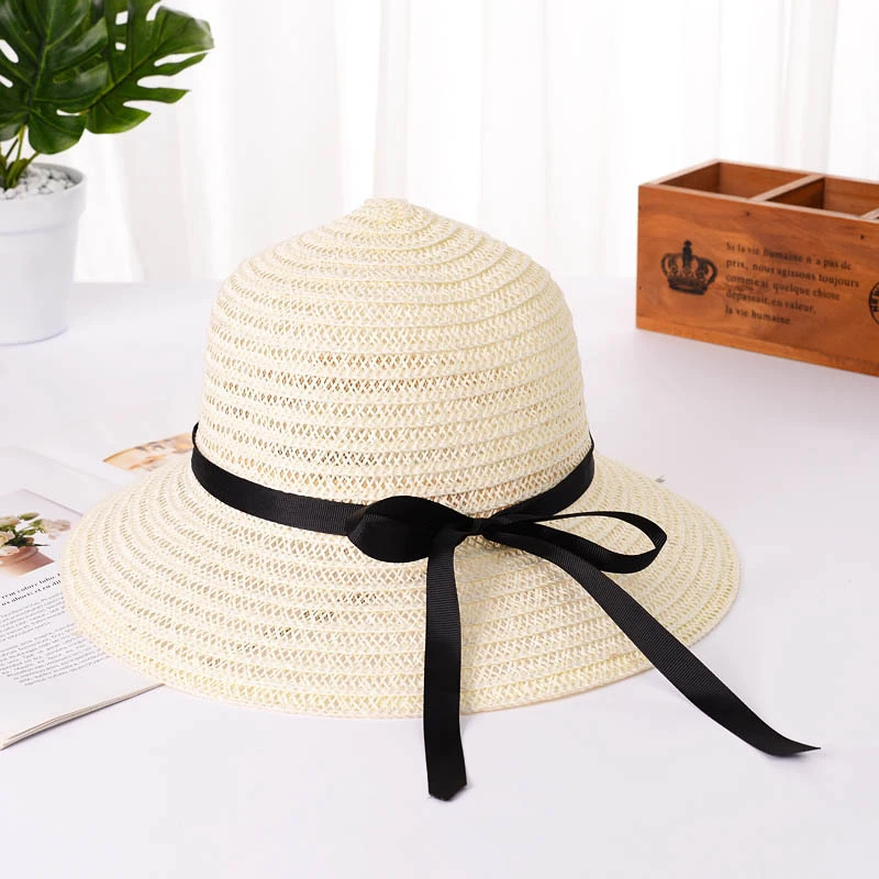 Плажни сламени шапки с широка периферия за жените, лесно сгъваема лятна солнцезащитная шапка за пикник, модни панама с плосък бромным лък, UV-защита Изображение 4