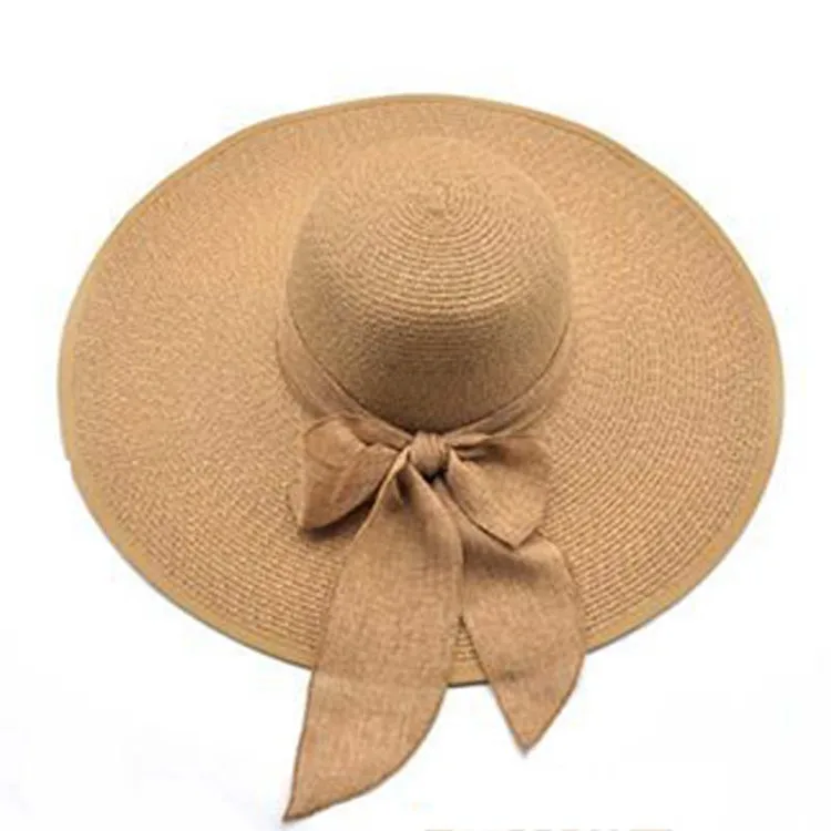 Плажни сламени шапки с широка периферия за жените, лесно сгъваема лятна солнцезащитная шапка за пикник, модни панама с плосък бромным лък, UV-защита Изображение 5