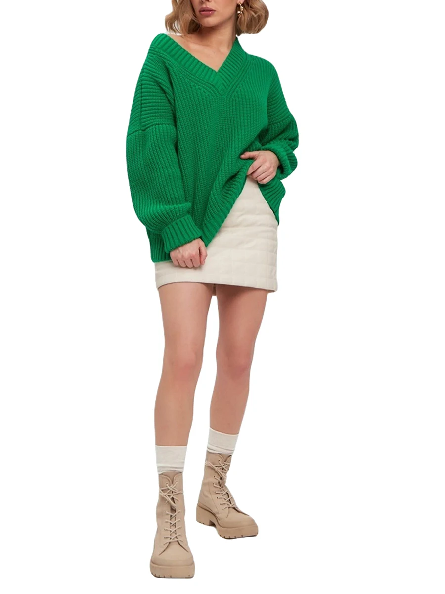 Жена есента свободен пуловер MALCIKLO, монофонични вязаный пуловер с V-образно деколте, пуловер с дълги ръкави, пуловери, трикотаж Изображение 0