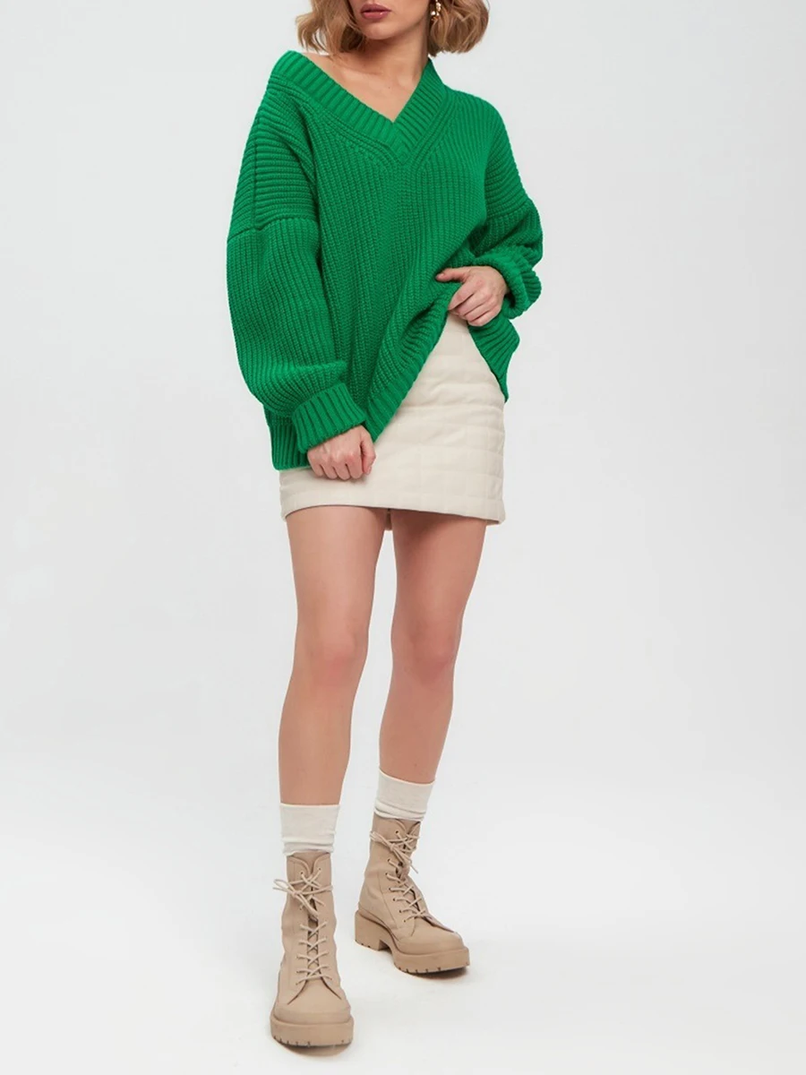 Жена есента свободен пуловер MALCIKLO, монофонични вязаный пуловер с V-образно деколте, пуловер с дълги ръкави, пуловери, трикотаж Изображение 1
