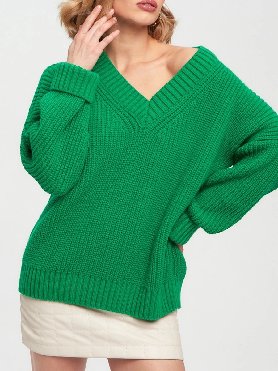Жена есента свободен пуловер MALCIKLO, монофонични вязаный пуловер с V-образно деколте, пуловер с дълги ръкави, пуловери, трикотаж Изображение 2