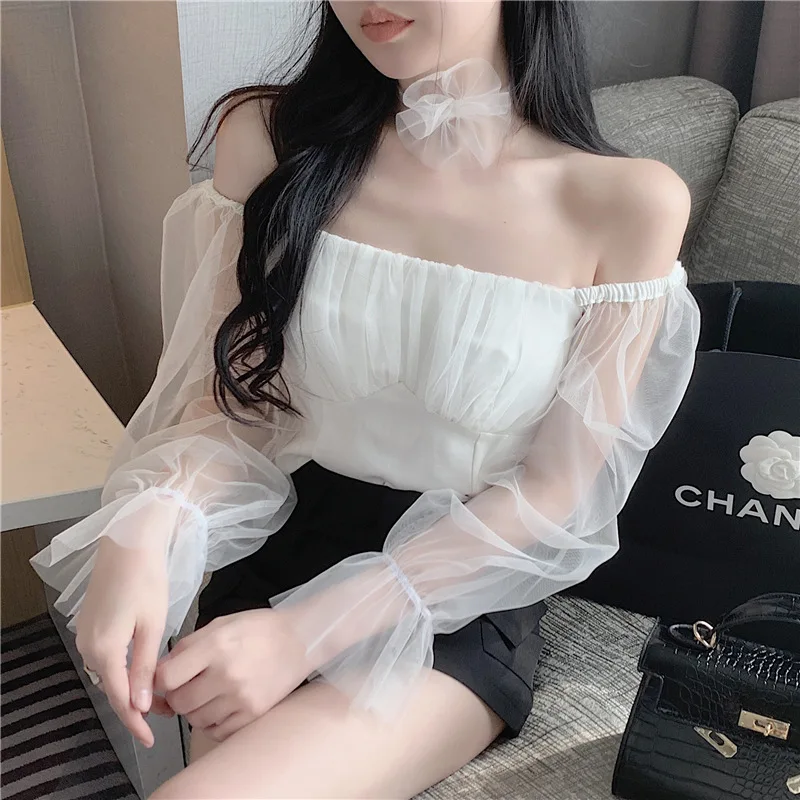 Модерен секси прозрачна шифоновая блуза за жените с открити рамене, ризи с дълъг ръкав-фенерче 2023, корейски сладки къси блузи 26562 Изображение 0