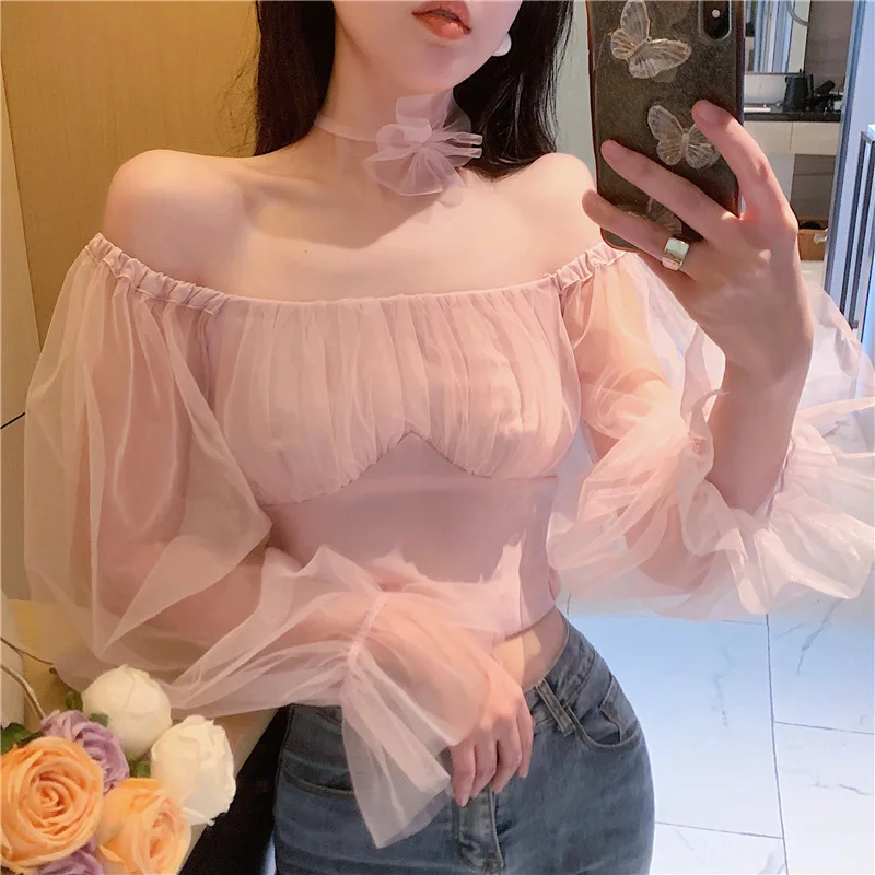 Модерен секси прозрачна шифоновая блуза за жените с открити рамене, ризи с дълъг ръкав-фенерче 2023, корейски сладки къси блузи 26562 Изображение 1