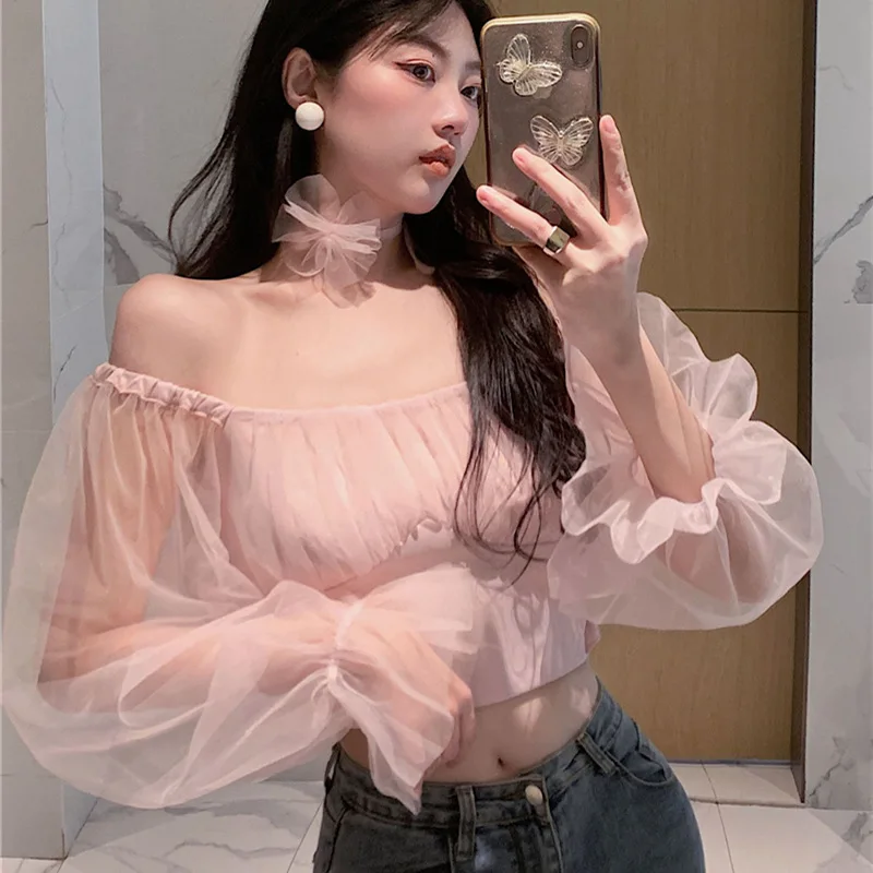 Модерен секси прозрачна шифоновая блуза за жените с открити рамене, ризи с дълъг ръкав-фенерче 2023, корейски сладки къси блузи 26562 Изображение 2