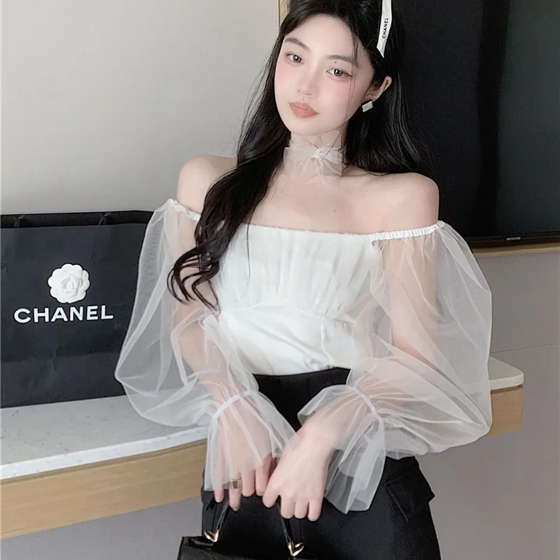 Модерен секси прозрачна шифоновая блуза за жените с открити рамене, ризи с дълъг ръкав-фенерче 2023, корейски сладки къси блузи 26562 Изображение 3
