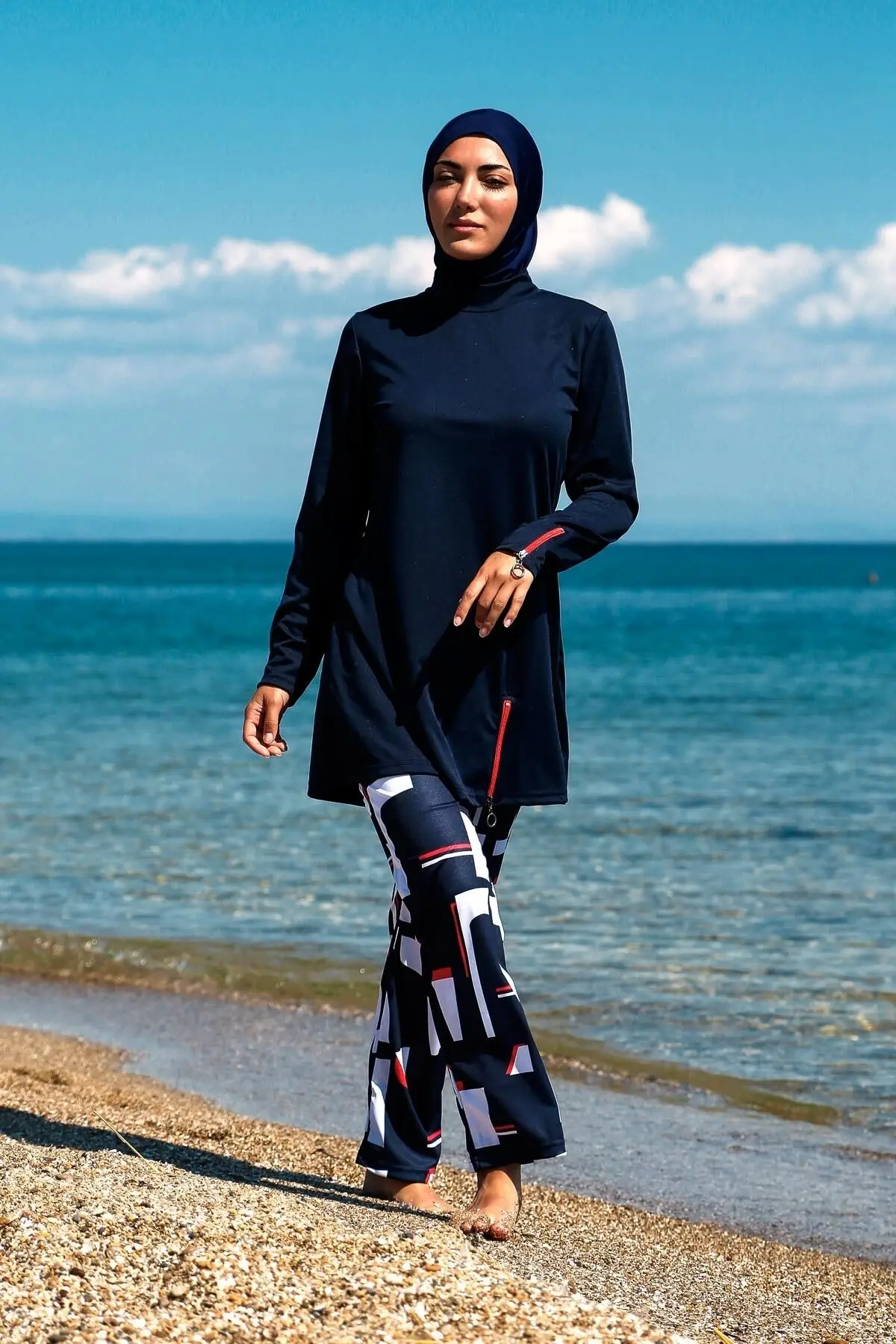 Rivamera, 4 предмета, тъмно-синьо трико-хиджаб, с подробно описание на модел, напълно затворен, R1112, черна плажно облекло с принтом Изображение 0