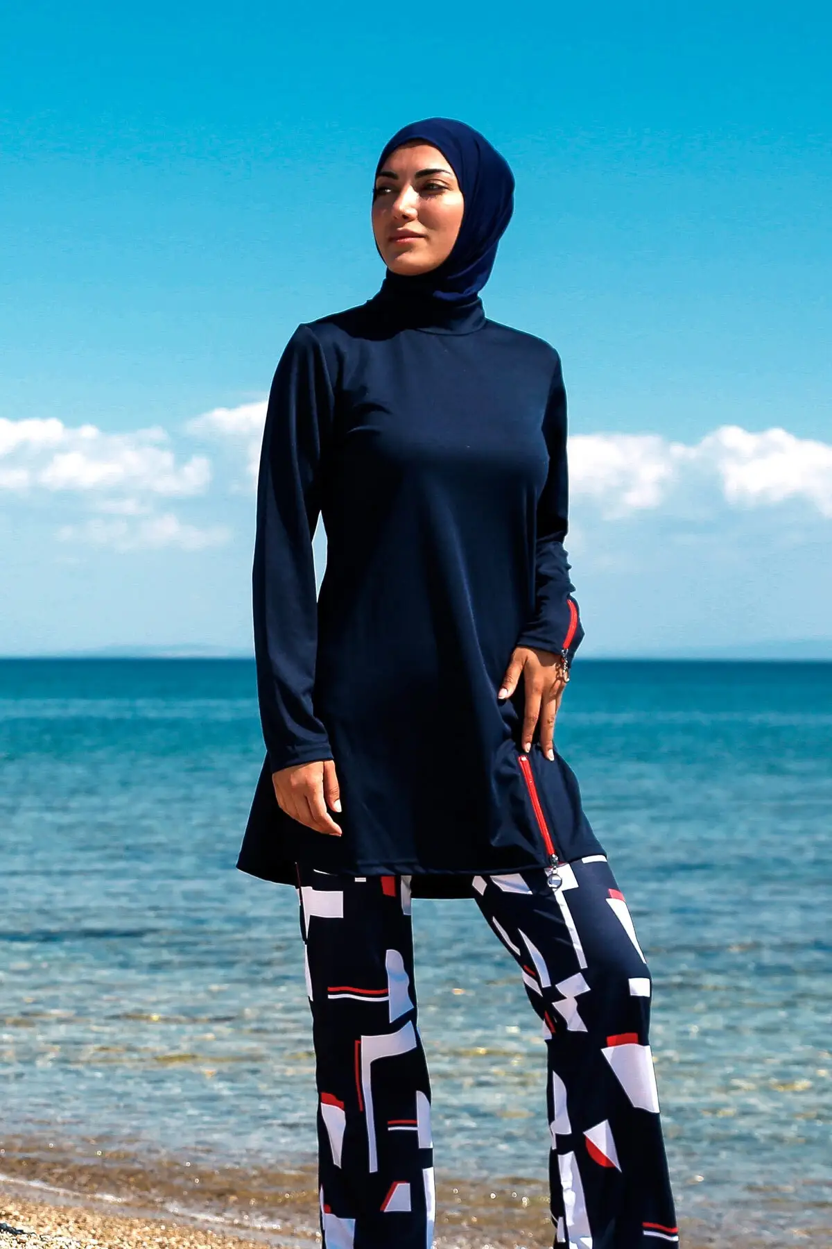 Rivamera, 4 предмета, тъмно-синьо трико-хиджаб, с подробно описание на модел, напълно затворен, R1112, черна плажно облекло с принтом Изображение 1
