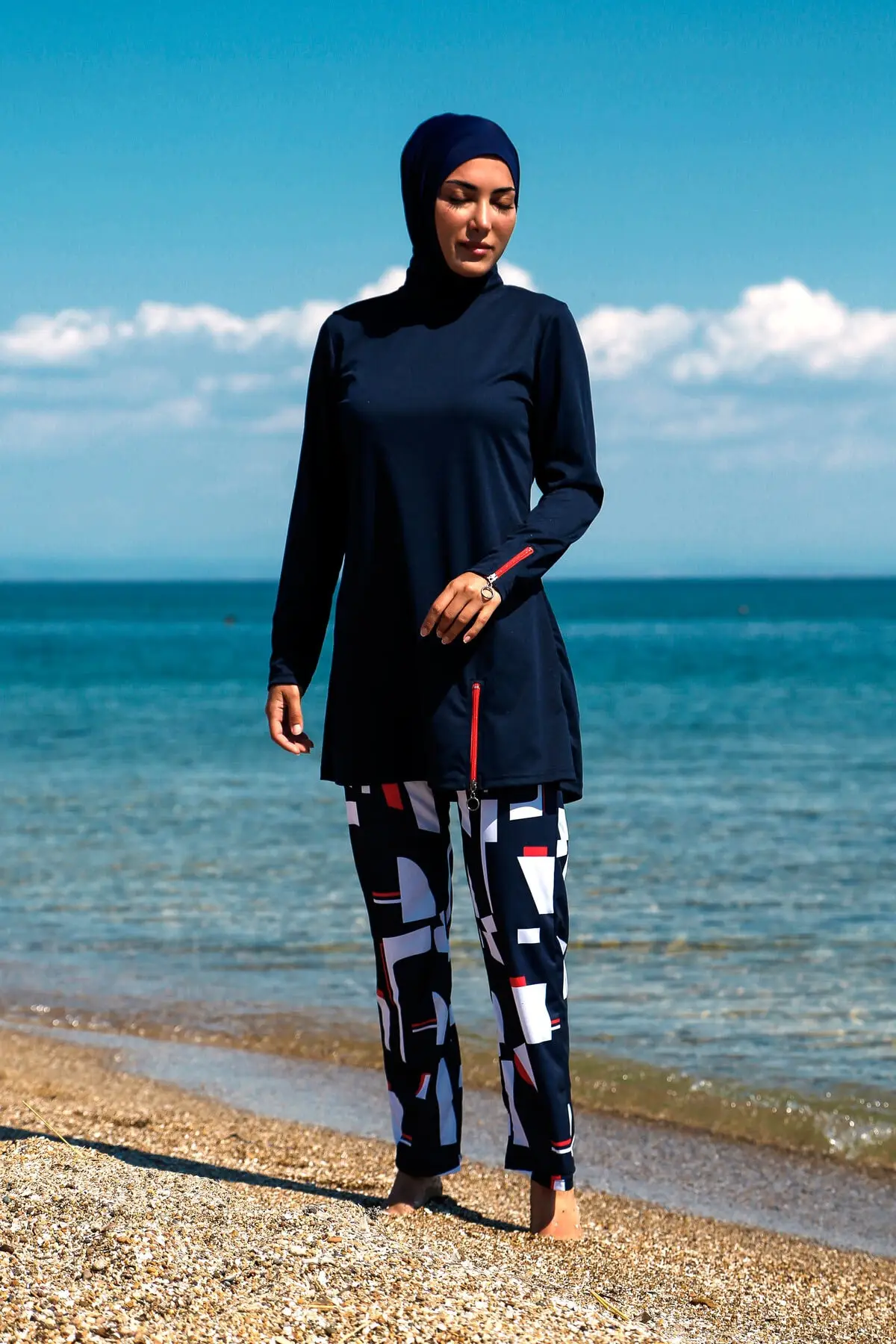 Rivamera, 4 предмета, тъмно-синьо трико-хиджаб, с подробно описание на модел, напълно затворен, R1112, черна плажно облекло с принтом Изображение 3