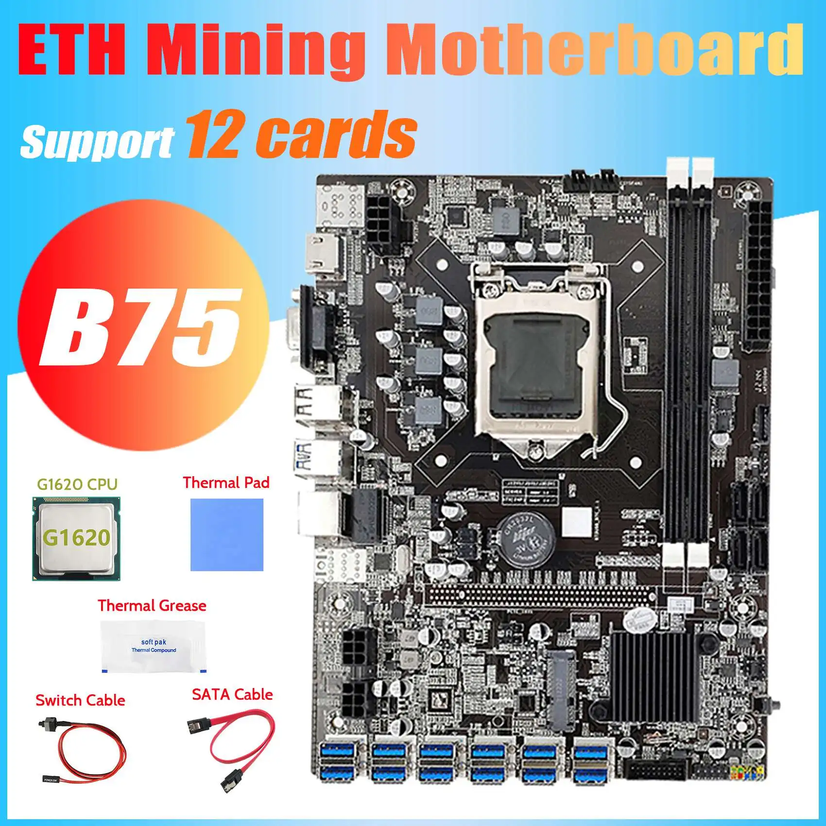 Дънна платка за майнинга B75 ETH 12 PCIE към USB + Процесор G1620 + Кабел за превключване + Кабел SATA + Термопаста + Термопластичная полагане на дънната Платка B75 Изображение 1