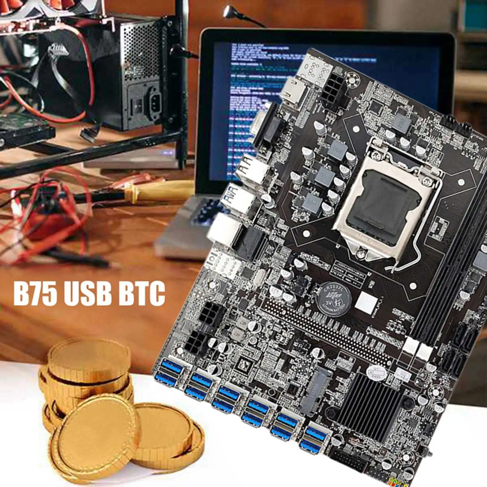 Дънна платка за майнинга B75 ETH 12 PCIE към USB + Процесор G1620 + Кабел за превключване + Кабел SATA + Термопаста + Термопластичная полагане на дънната Платка B75 Изображение 3