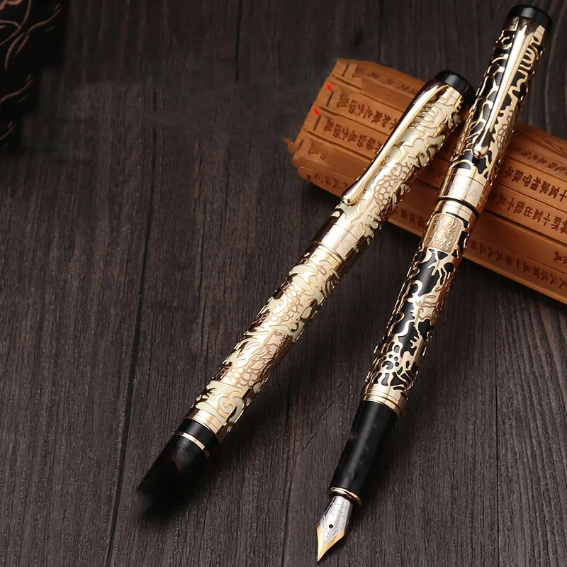 луксозна метална писалка JinHao 5000 Dragon с релефни деколте, дръжка за калиграфия Gloden, бизнес офис ученически пособия Изображение 0