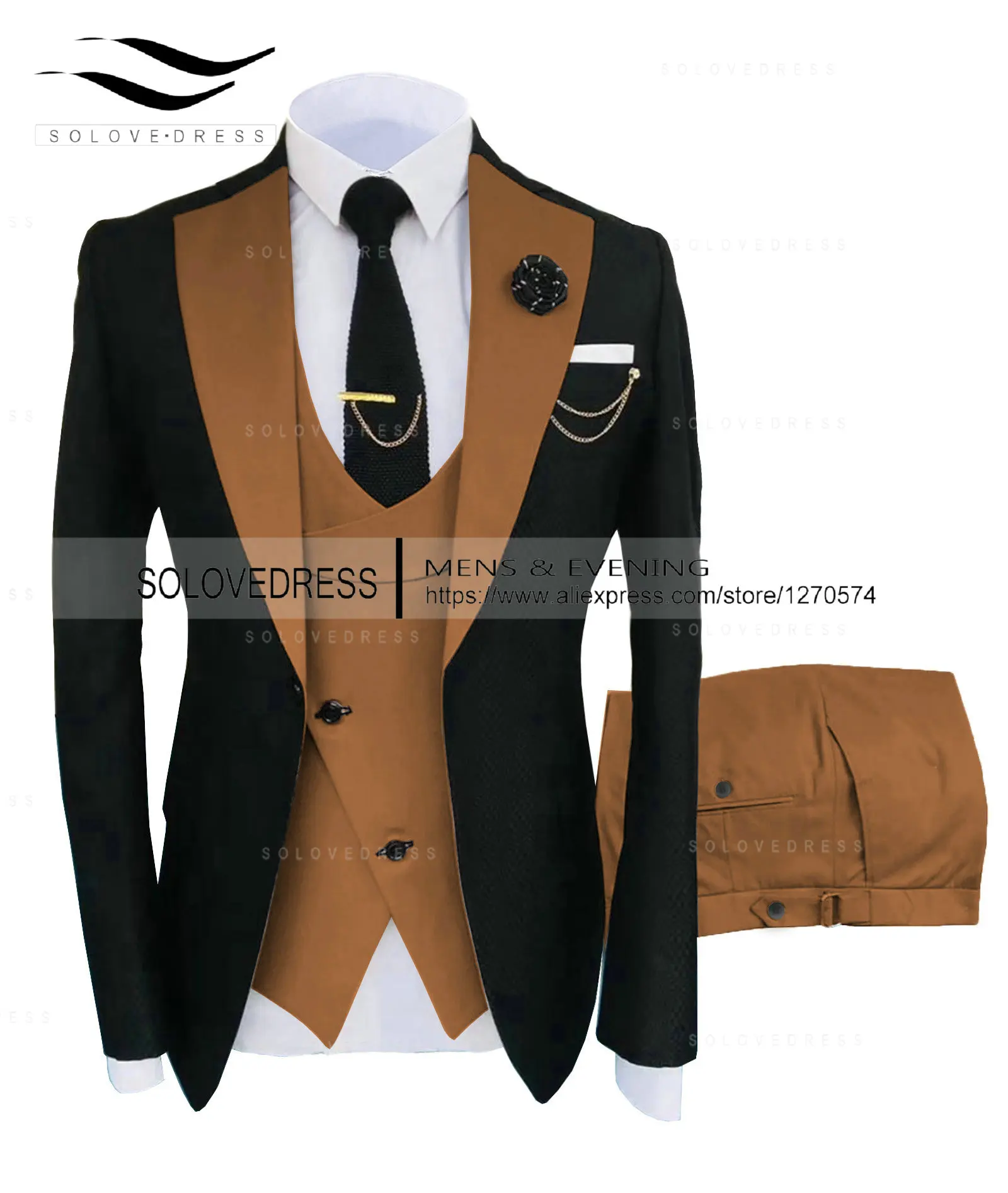Официален бизнес мъжки костюм от 3 теми, кафяви смокинги, бежово яке за младоженеца на сватбата (блейзър + жилетка + панталони) Изображение 3
