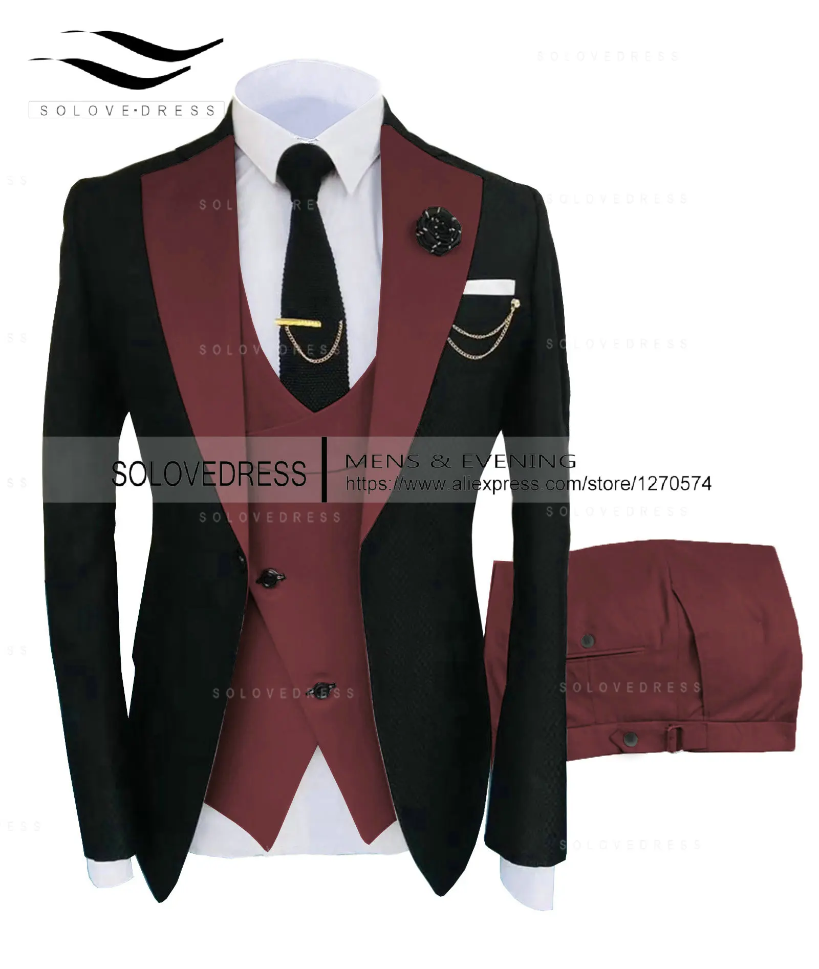 Официален бизнес мъжки костюм от 3 теми, кафяви смокинги, бежово яке за младоженеца на сватбата (блейзър + жилетка + панталони) Изображение 4